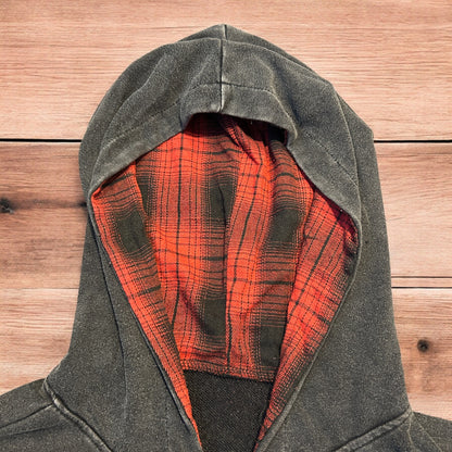 Vintage style zip up hoodie jumper with check in washed grey.