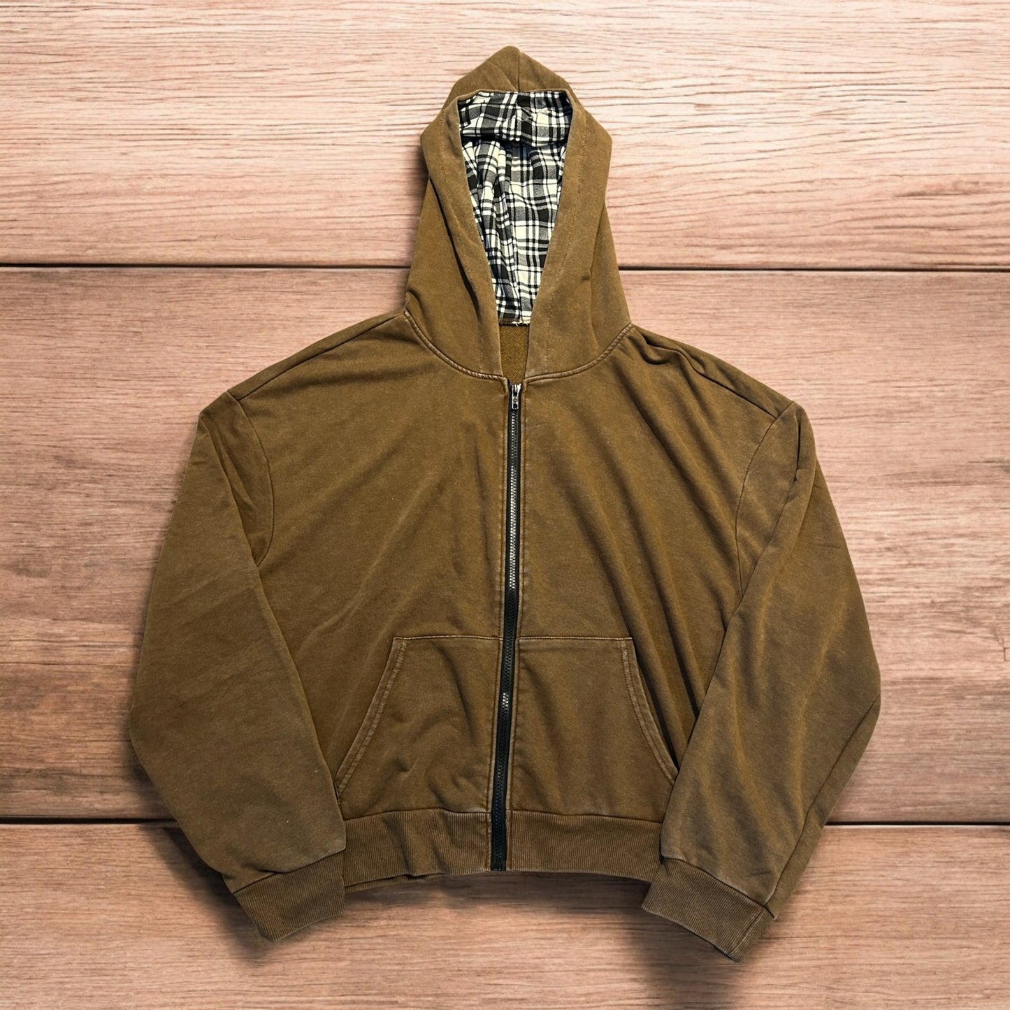 Vintage style zip up hoodie jumper with check in washed brown.