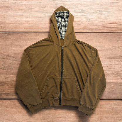 Vintage style zip up hoodie jumper with check in washed brown.
