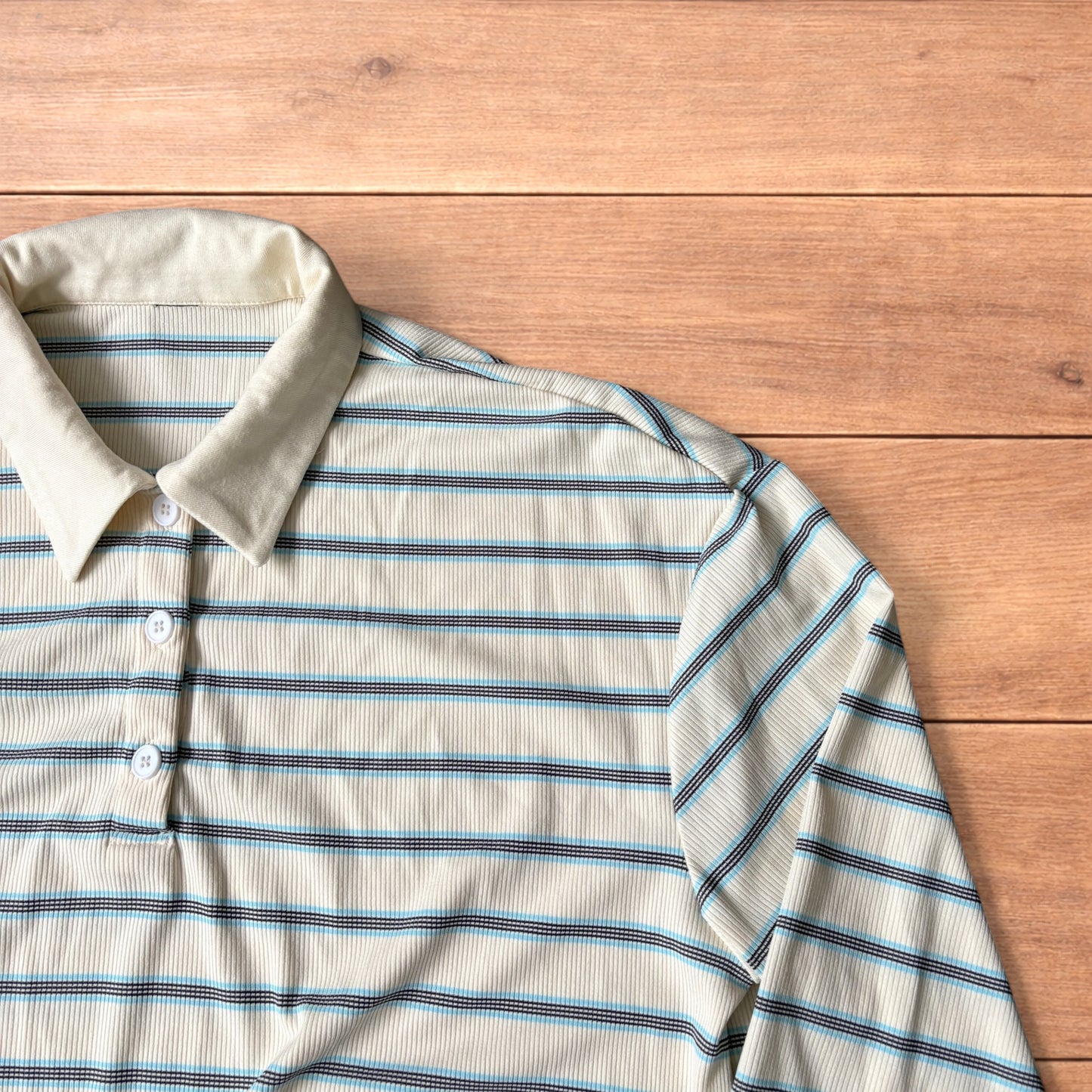 Relaxed fit striped rugby polo sweatshirt jumper in cream.