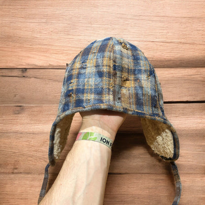 Vintage style trapper fluffy ear flap checkered hat cap in navy/brown One size.