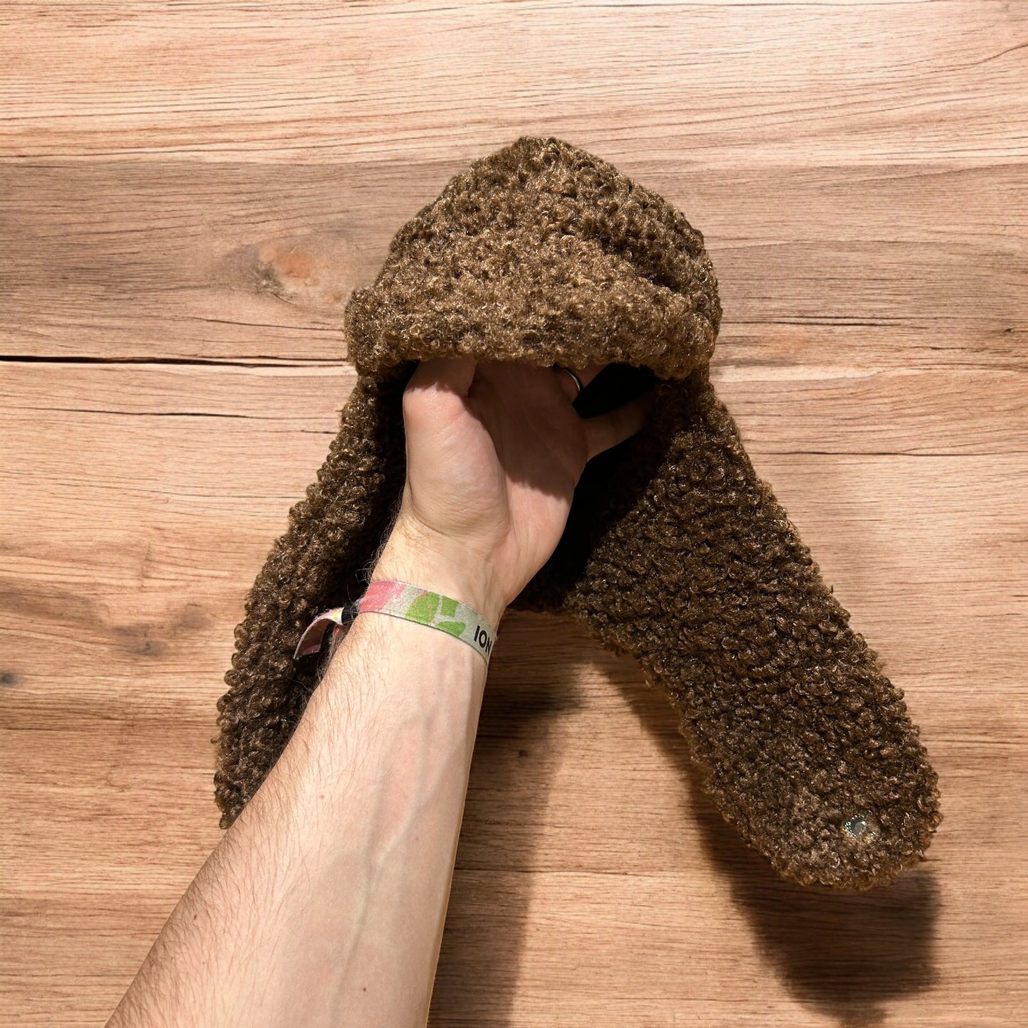 Lovely wool style fluffy Russian ear flap winter hat in chocolate dark brown. One size.