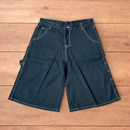 Insane super baggy long skater jean shorts jorts in black with embroidered design.