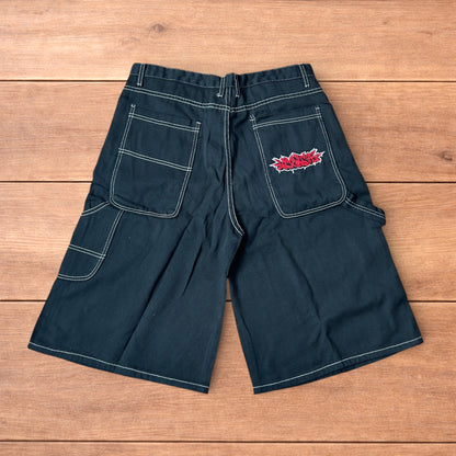 Insane super baggy long skater jean shorts jorts in black with embroidered design.