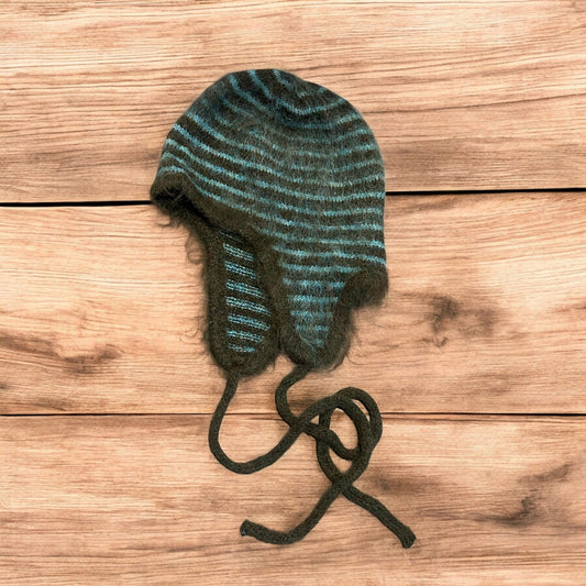 Lovely vintage style knitted ear flap hat bonnet in green/brown stripes. One size.