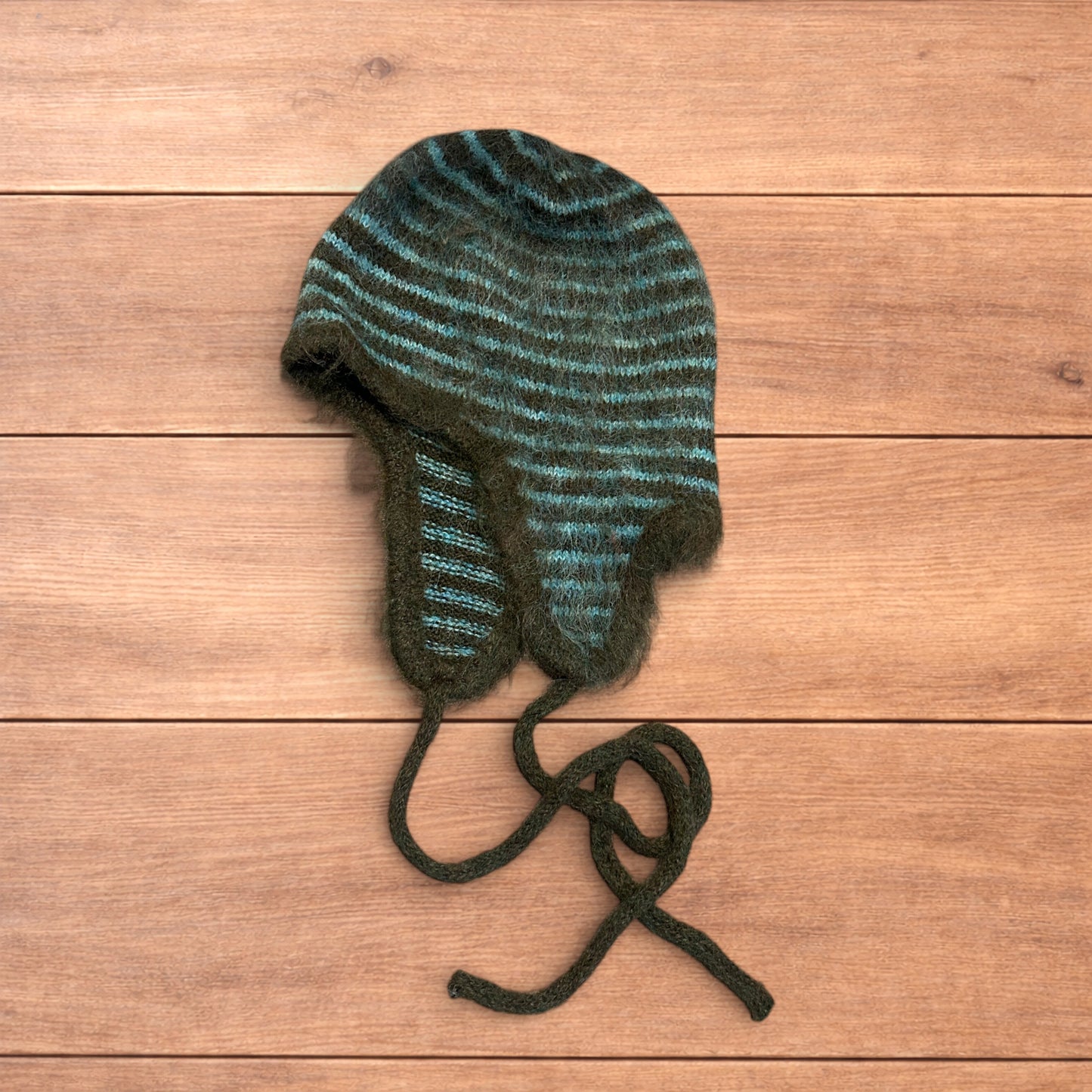 Lovely vintage style knitted ear flap hat bonnet in green/brown stripes.