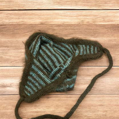 Lovely vintage style knitted ear flap hat bonnet in green/brown stripes. One size.