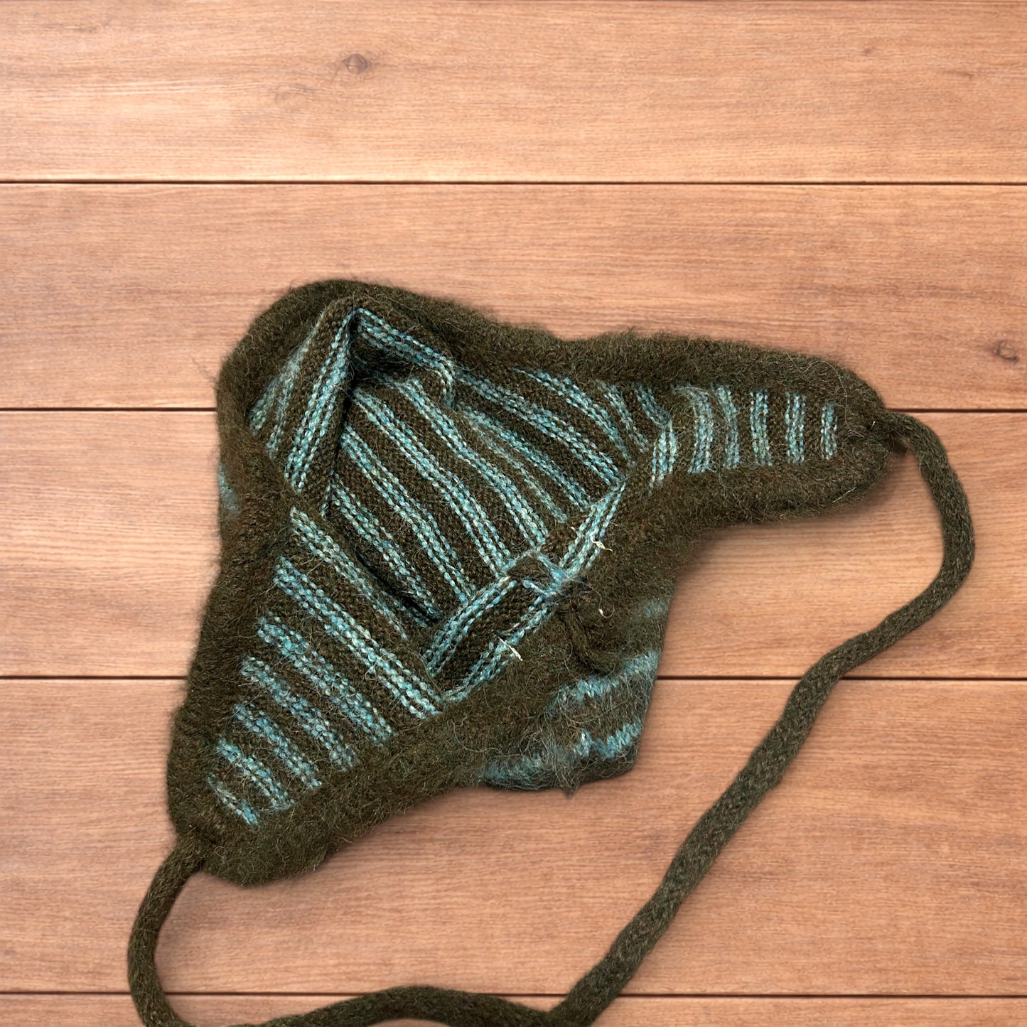 Lovely vintage style knitted ear flap hat bonnet in green/brown stripes.