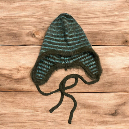 Lovely vintage style knitted ear flap hat bonnet in green/brown stripes. One size.