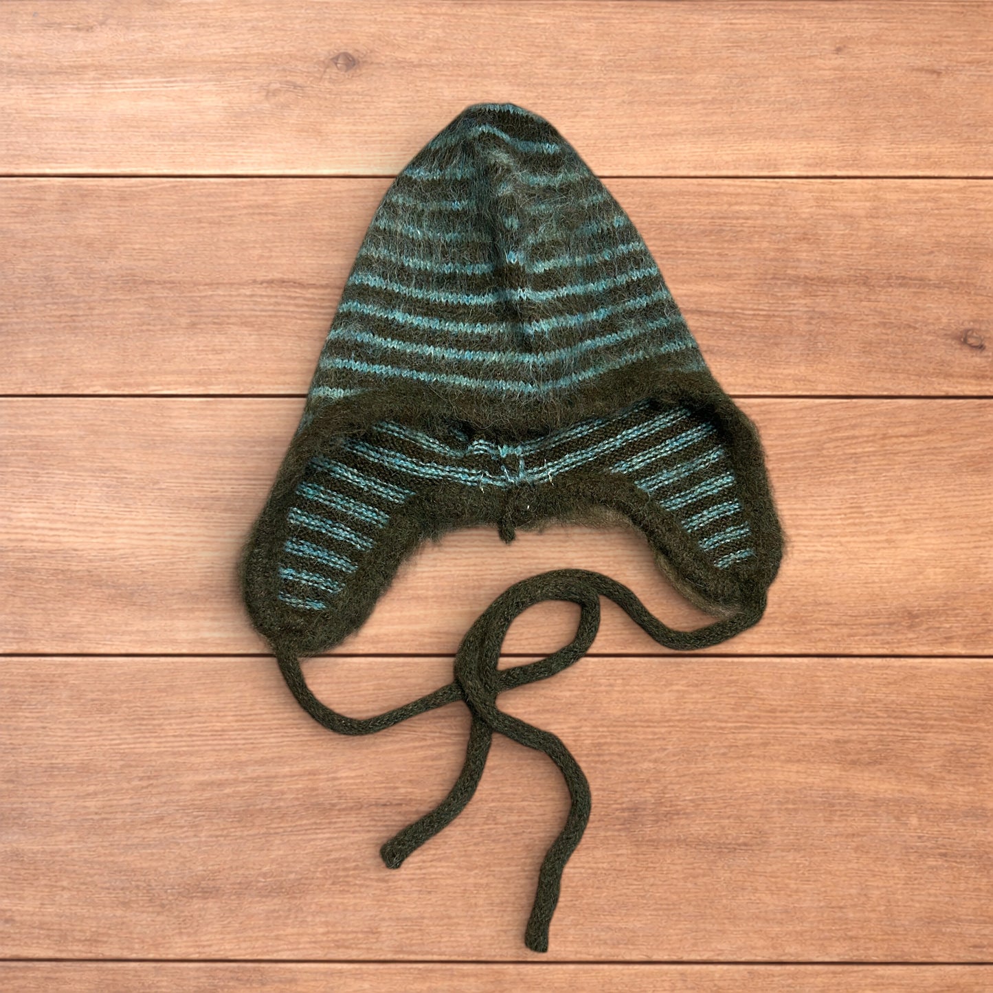 Lovely vintage style knitted ear flap hat bonnet in green/brown stripes.