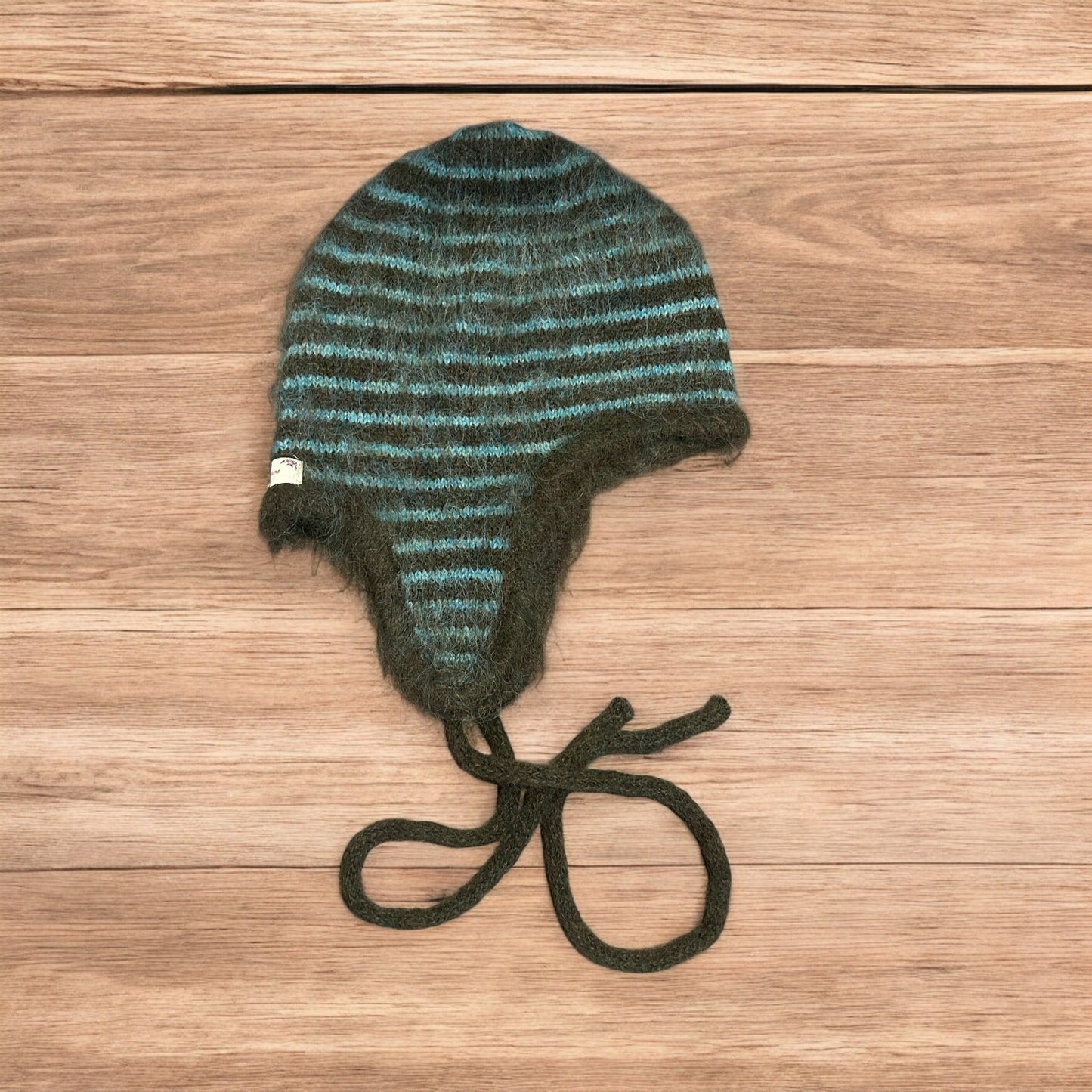 Lovely vintage style knitted ear flap hat bonnet in green/brown stripes. One size.