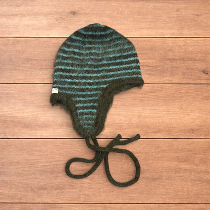 Lovely vintage style knitted ear flap hat bonnet in green/brown stripes.