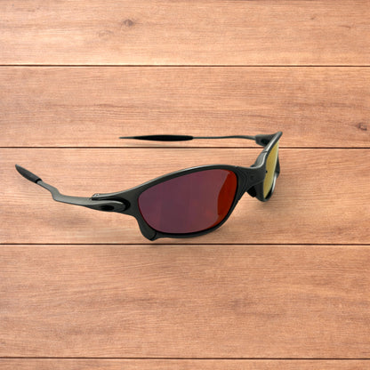 Insane metal frame polarised sunglasses in black frame red lense.