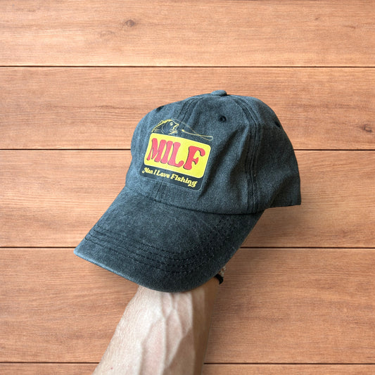 Vintage style MILF fishing cap hat in washed grey with fish graphic patch