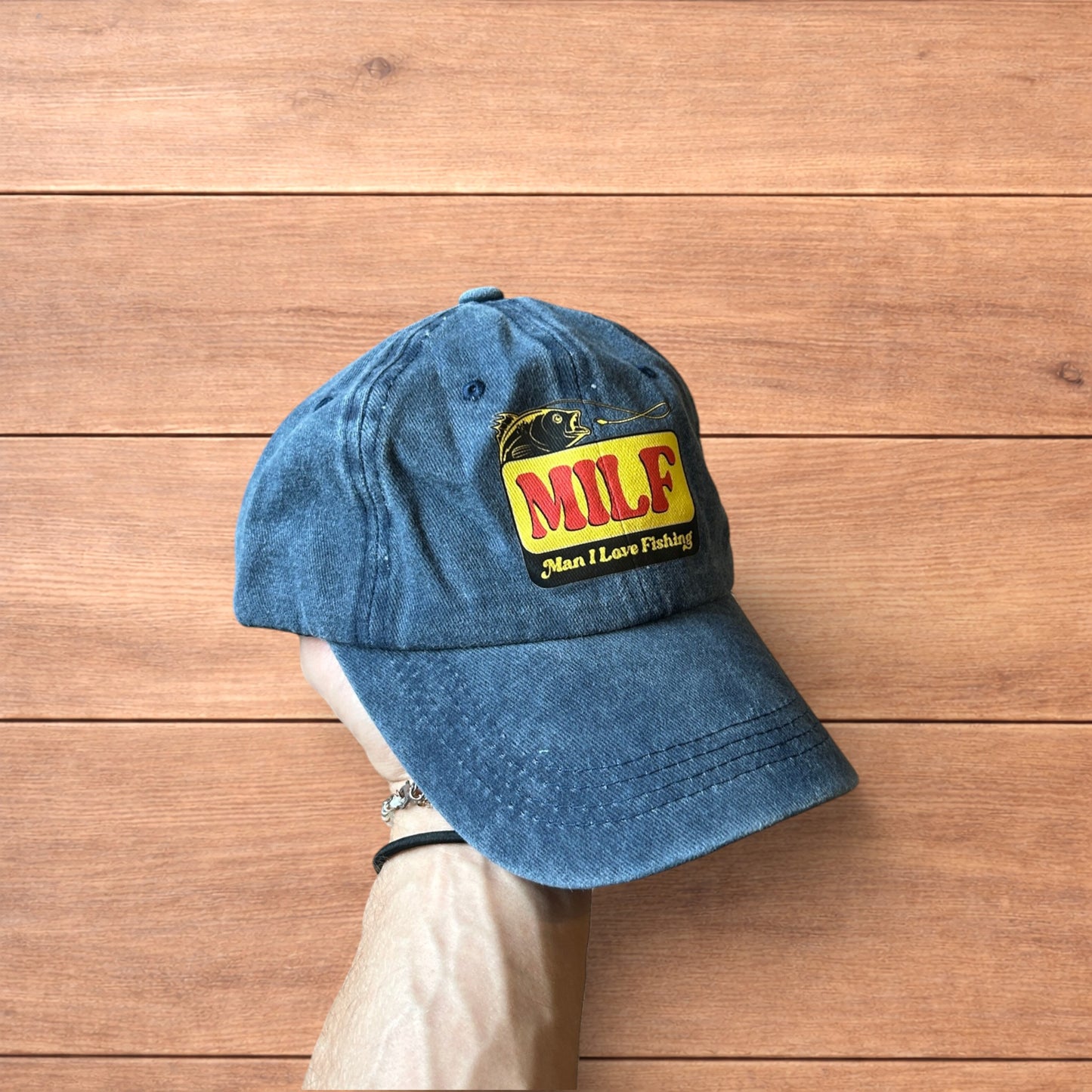 Vintage style Milf fishing cap hat in washed navy blue.