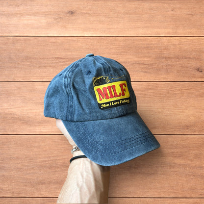 Vintage style Milf fishing cap hat in washed navy blue.