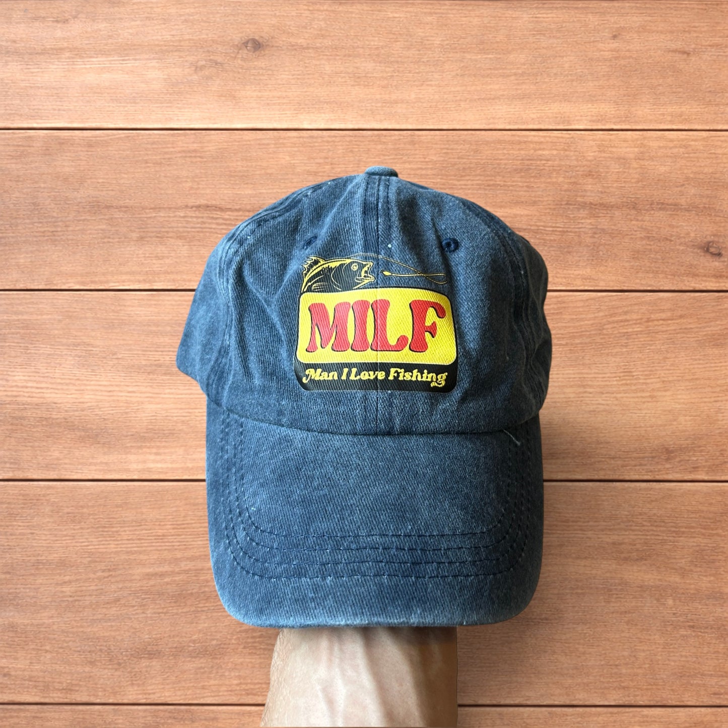 Vintage style Milf fishing cap hat in washed navy blue.