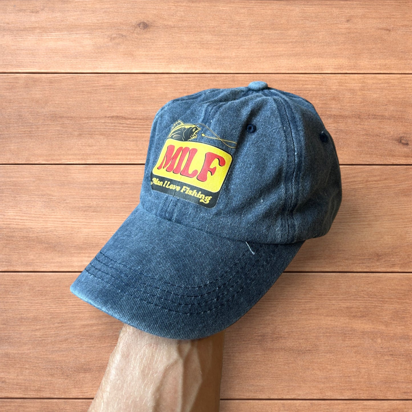 Vintage style Milf fishing cap hat in washed navy blue.