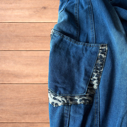 Incredible vintage style baggy wide leg skater fit jeans with leopard print in mid blue.