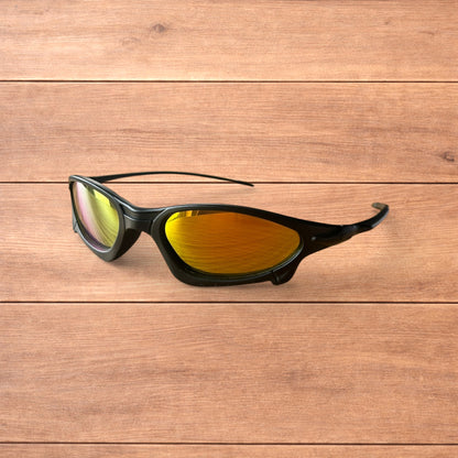 Insane polarised sunglasses in black with orange reflective lense.