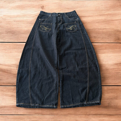 Vintage style baggy wide leg Korean fit jeans with embroidery in black.
