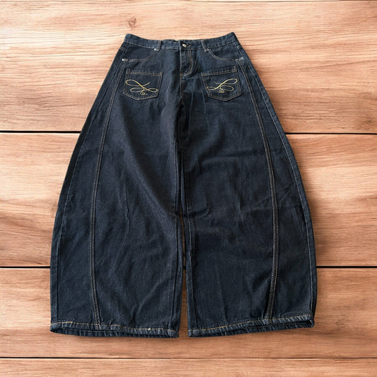 Vintage style baggy wide leg Korean fit jeans with embroidery in black.