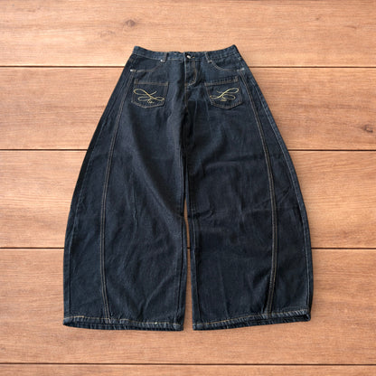 Vintage style baggy wide leg Korean fit jeans with embroidery in black.