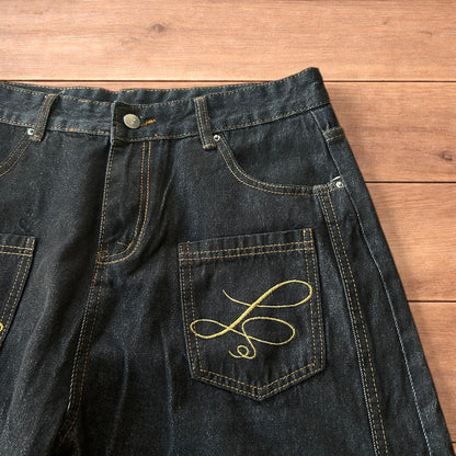 Vintage style baggy wide leg Korean fit jeans with embroidery in black.