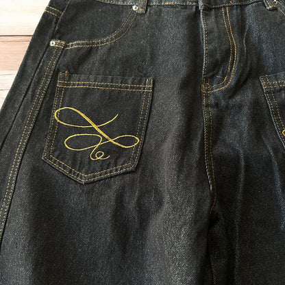 Vintage style baggy wide leg Korean fit jeans with embroidery in black.