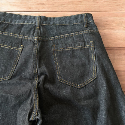 Vintage style baggy wide leg Korean fit jeans with embroidery in black.