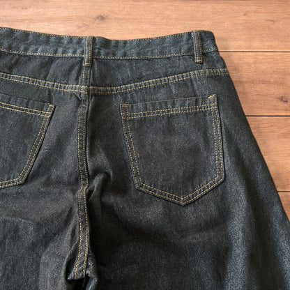 Vintage style baggy wide leg Korean fit jeans with embroidery in black.