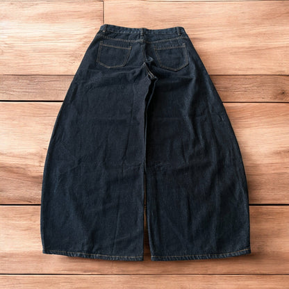 Vintage style baggy wide leg Korean fit jeans with embroidery in black.