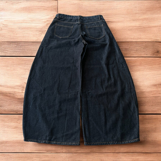 Vintage style baggy wide leg Korean fit jeans with embroidery in black.