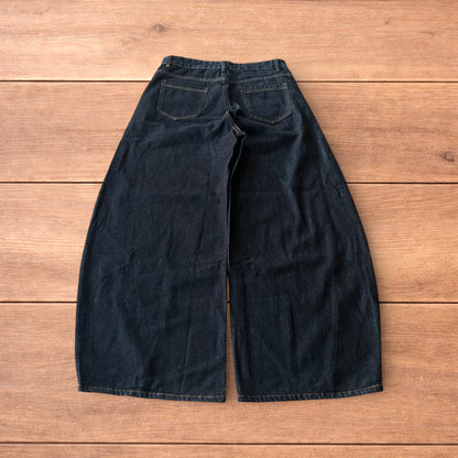 Vintage style baggy wide leg Korean fit jeans with embroidery in black.