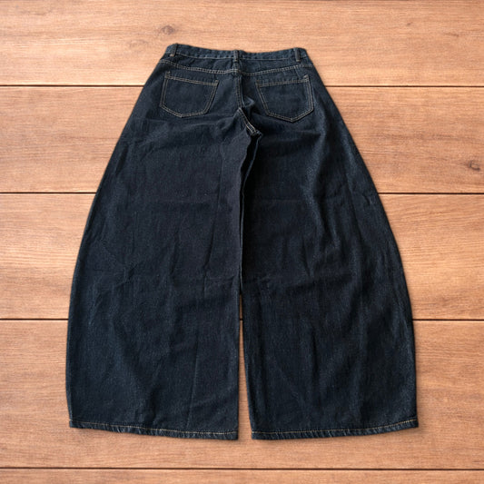 Vintage style baggy wide leg Korean fit jeans with embroidery in black.