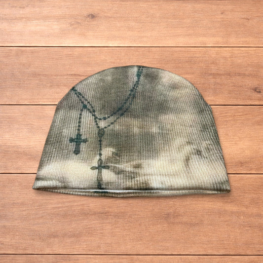 Cool Japanese vintage style beanie hat in cream/beige with graphic design.