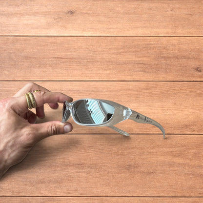 Insane mirrored sunglasses in clear frame with silver lense.