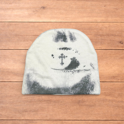 Cool Japanese vintage style beanie hat in white with graphic design.