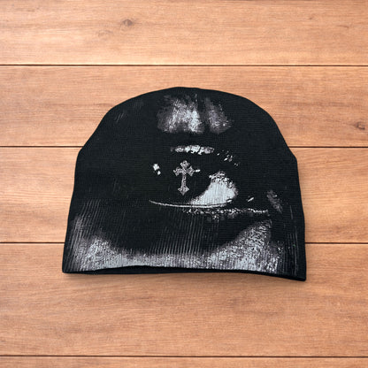 Cool Japanese vintage style beanie hat in black with graphic design.