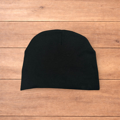 Cool Japanese vintage style beanie hat in black with graphic design.