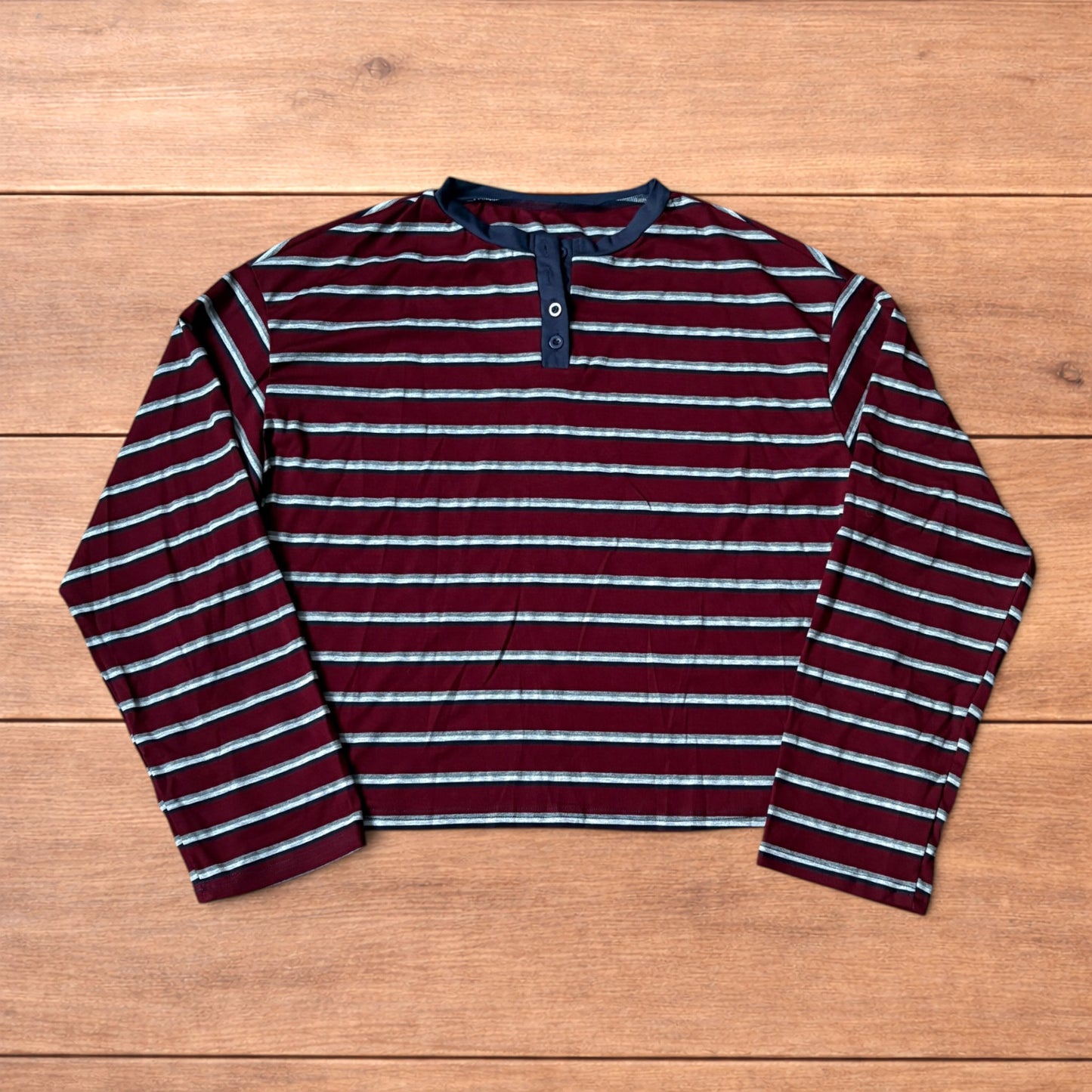 Relaxed fit striped Henley long sleeve top tshirt in red/burgundy.