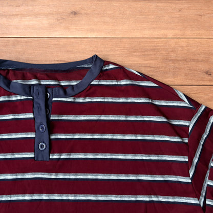 Relaxed fit striped Henley long sleeve top tshirt in red/burgundy.