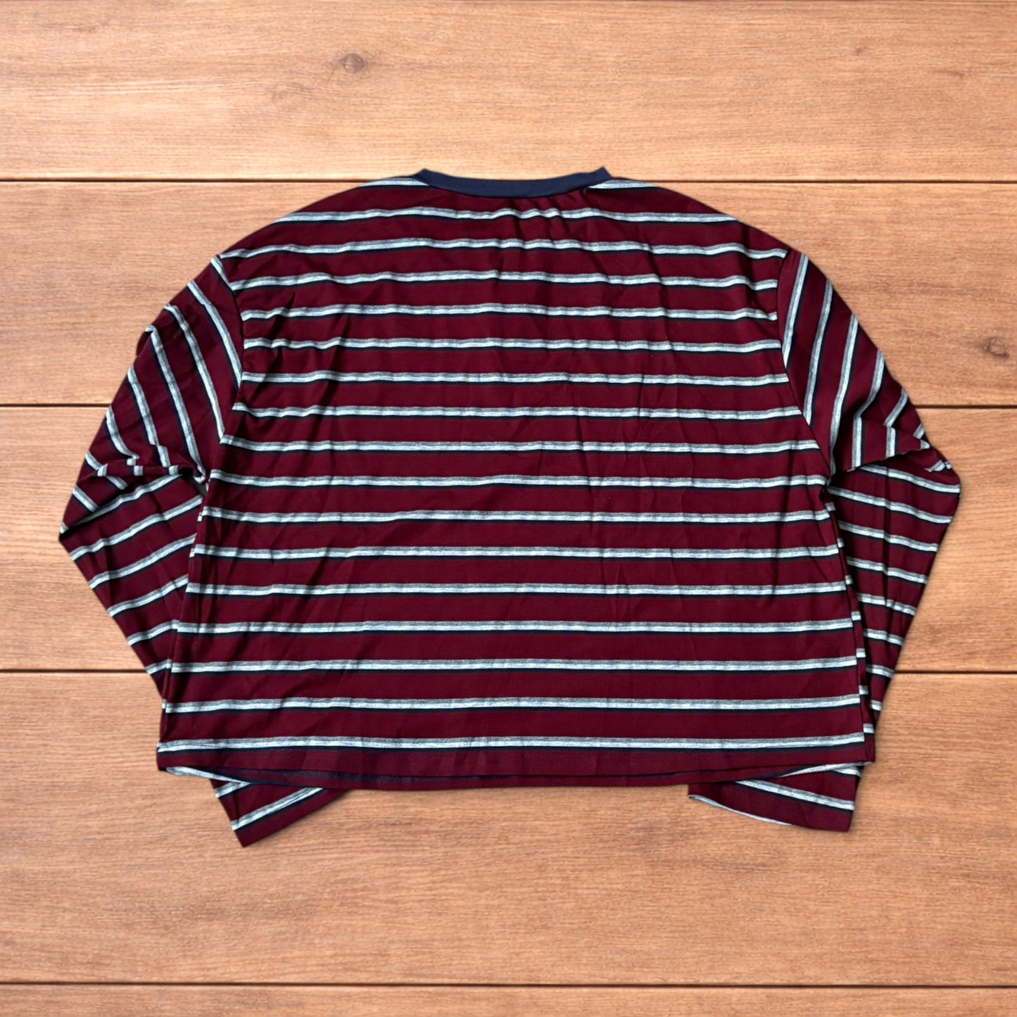 Relaxed fit striped Henley long sleeve top tshirt in red/burgundy.