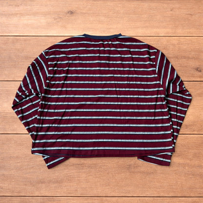 Relaxed fit striped Henley long sleeve top tshirt in red/burgundy.