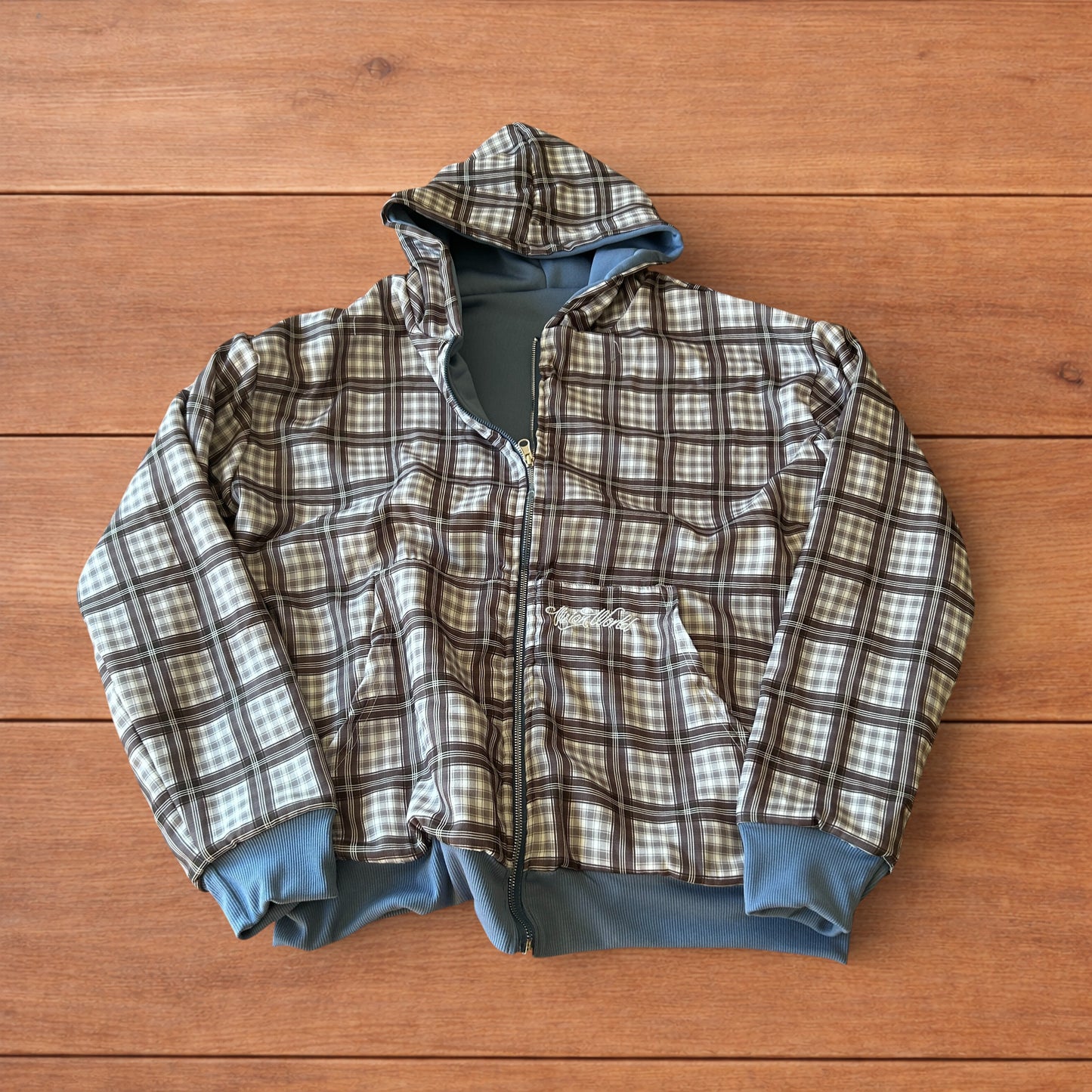 Oversized baggy reversible zip up hoodie jumper in checkered navy blue