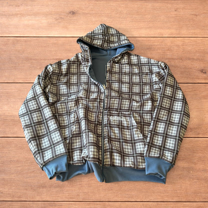 Oversized baggy reversible zip up hoodie jumper in checkered navy blue