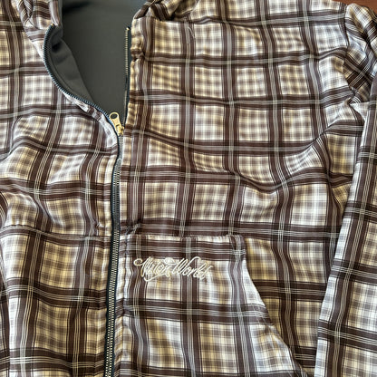 Oversized baggy reversible zip up hoodie jumper in checkered navy blue