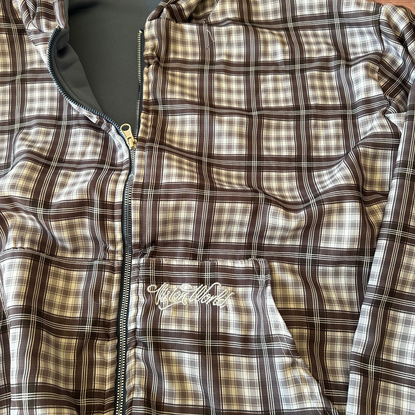 Oversized baggy reversible zip up hoodie jumper in checkered navy blue