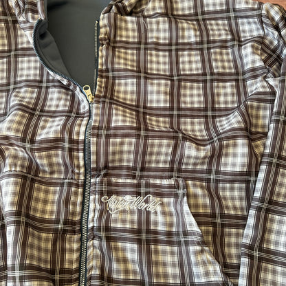 Oversized baggy reversible zip up hoodie jumper in checkered navy blue