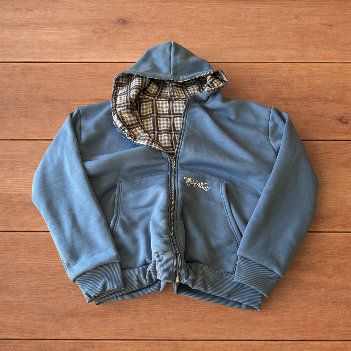 Oversized baggy reversible zip up hoodie jumper in checkered navy blue